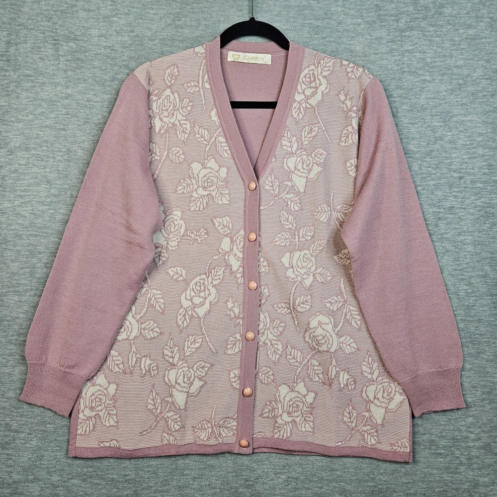 CAMELA Women's Pink Floral Printed V-neck Button Up Cardigan Size 42